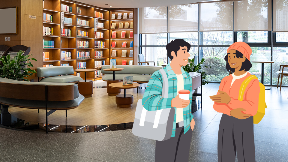 Two friends catching up in the library