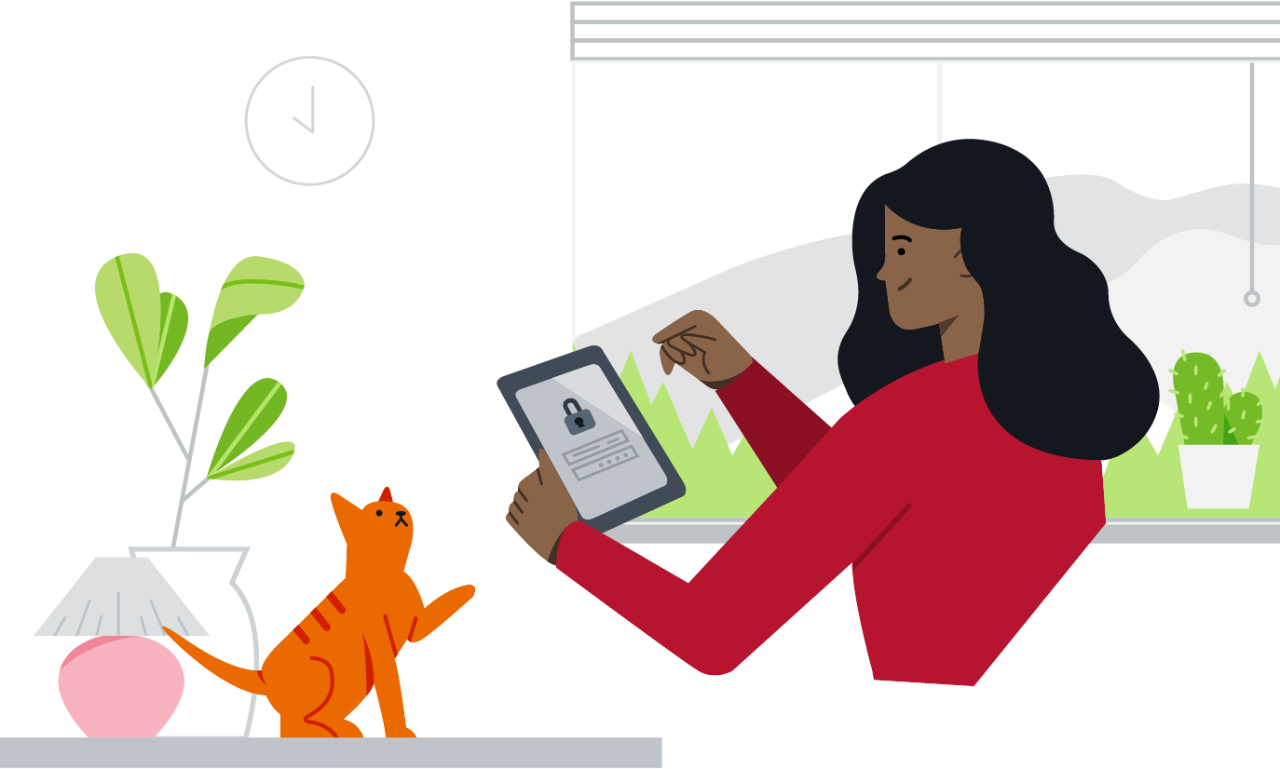 Illustration of woman with a tablet and her cat on the desk