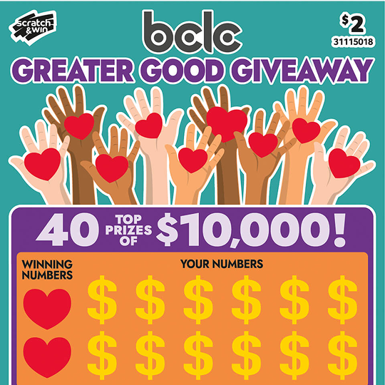 A snapshot of a scratch & win ticket titled BCLC Greater Good Giveaway